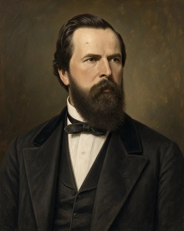 Painted portrait of John Bidwell with a full dark beard, in a dark suit and black bow tie.