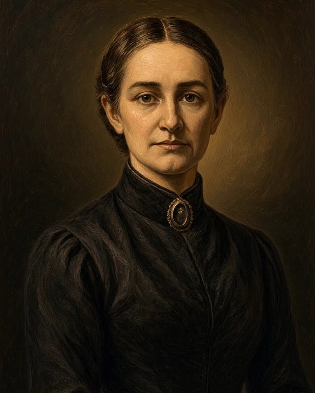 Painted portrait of Narcissa Whitman with dark hair parted in the middle, in a black high-collared dress with a brooch.