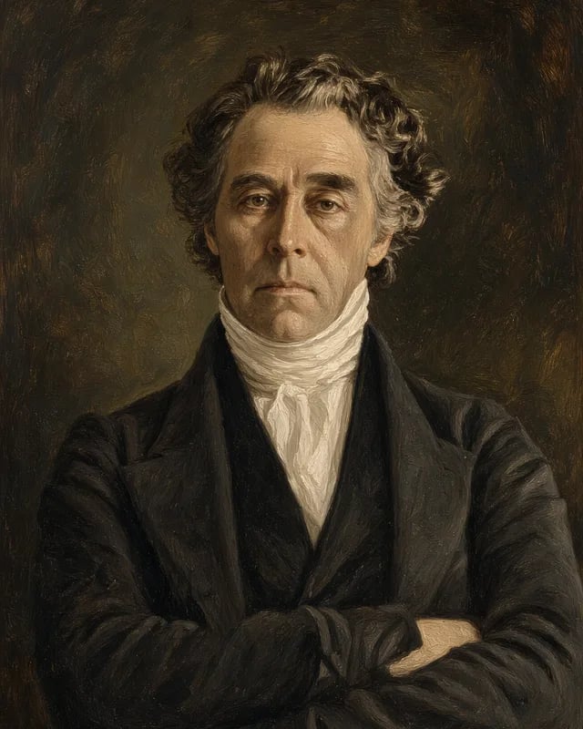 Painted portrait of Robert Stuart in later life, with curly gray hair and a tall white collar, his arms folded over a dark coat.