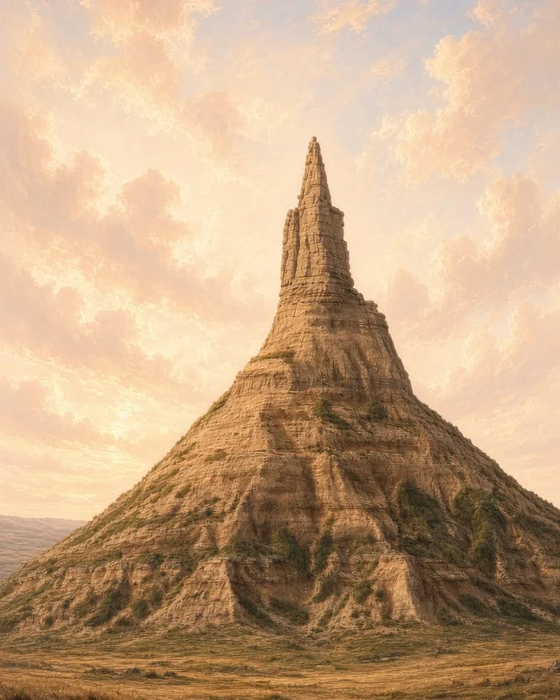 Painting of Chimney Rock, a tall thin spire on a cone-shaped base, rising over a grassy plain under a warm evening sky.