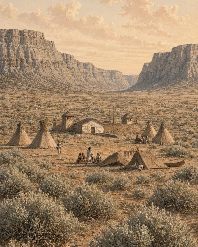 Painting of a small walled trading post with corner bastions on a sagebrush plain between tall basalt cliffs, with tipis and Native people camped around it.