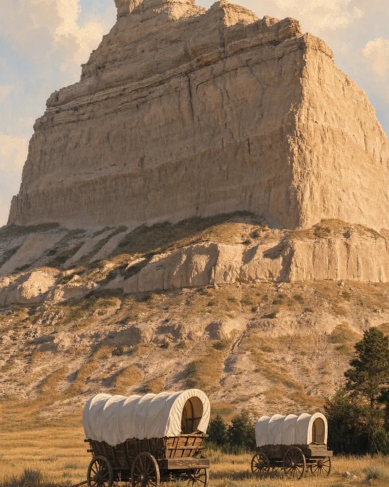 Painting of the pale cliffs of Scotts Bluff rising over two covered wagons in the grass below.