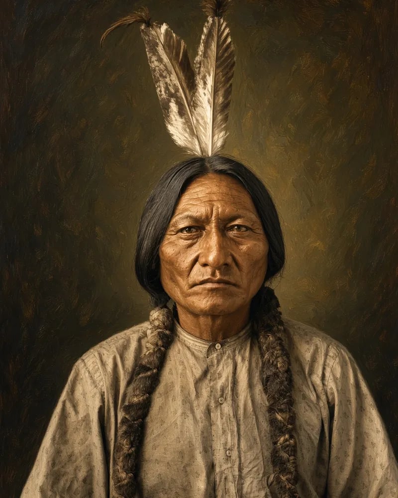 Painted portrait in the style of an old photograph of a Lakota man with two feathers in his hair, long wrapped braids and a plain shirt.