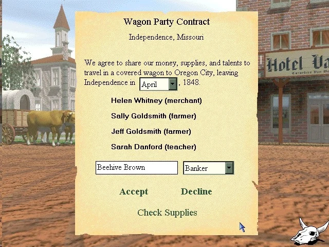 The Wagon Party Contract, signed in Independence, Missouri: we agree to share our money, supplies and talents to travel in a covered wagon to Oregon City, leaving Independence in April 1848. It lists a merchant, two farmers and a teacher.