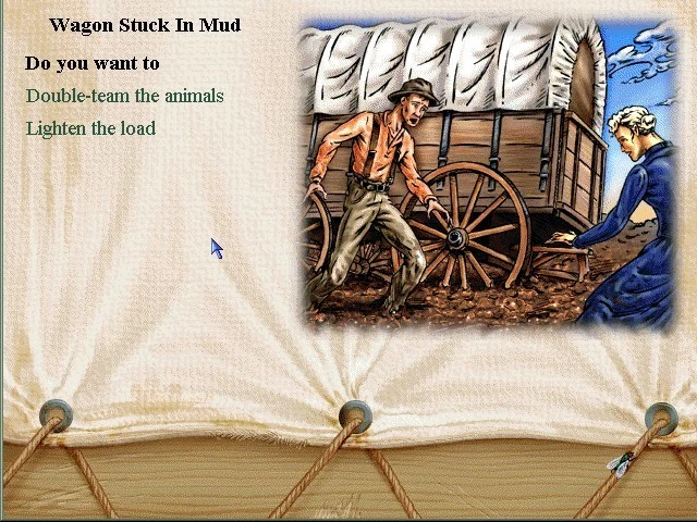 Wagon Stuck In Mud: a painting of a man and a woman pushing at a wagon wheel. Do you want to double-team the animals or lighten the load?