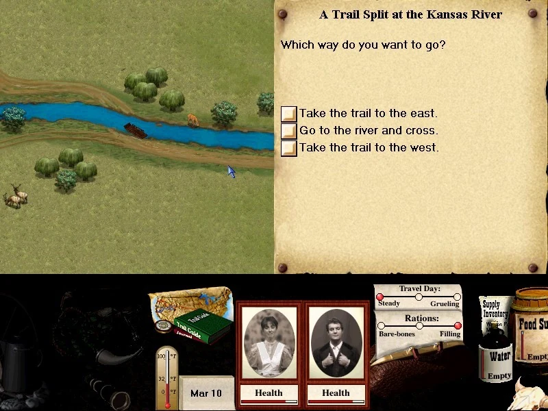 A Trail Split at the Kansas River. Which way do you want to go? Take the trail to the east, go to the river and cross, or take the trail to the west.