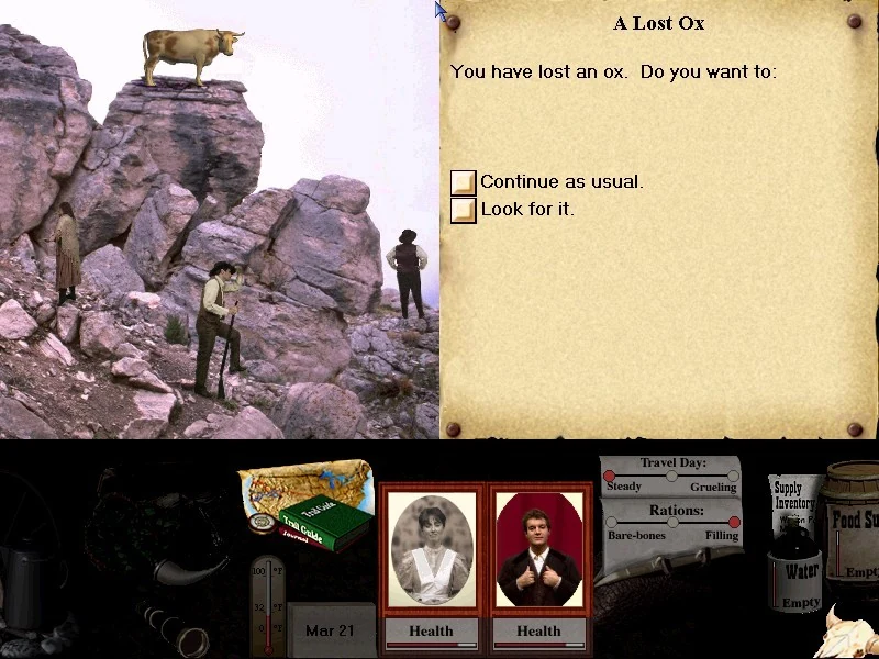 A Lost Ox: an ox stands on top of a rock while men search below. You have lost an ox. Do you want to continue as usual, or look for it?