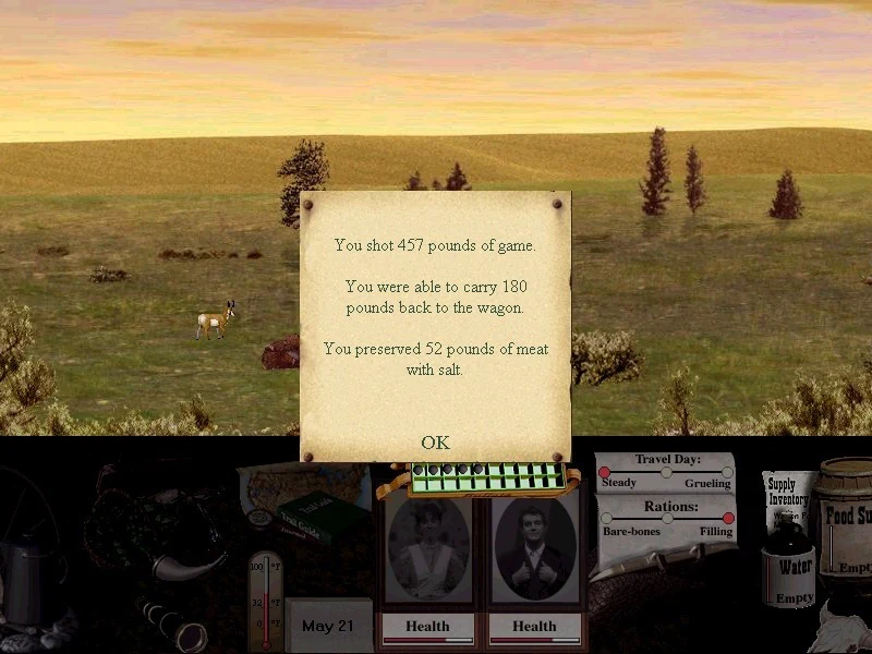 Your hunt is over: you shot 457 pounds of game, were able to carry 180 pounds back to the wagon, and preserved 52 pounds of meat with salt.