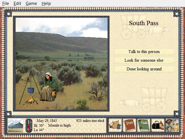 South Pass, photographed: a woman cooks over a campfire. Talk to this person, look for someone else, or finish looking around. It is May 29, 1843, and 923 miles are behind you.