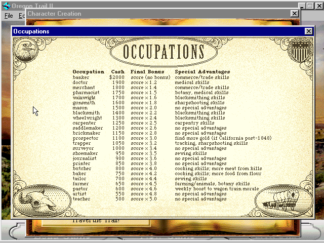 The Occupations chart: 25 jobs from banker, with $2000, down to teacher, each with its starting cash, its final bonus and its special advantages, such as medical skills for a doctor or carpentry skills for a carpenter.