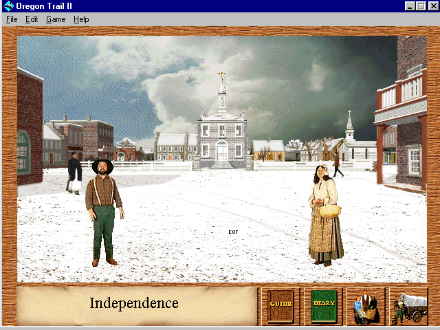 Independence in winter: a photographic street of brick buildings and a church, with two costumed townspeople standing in the snow.