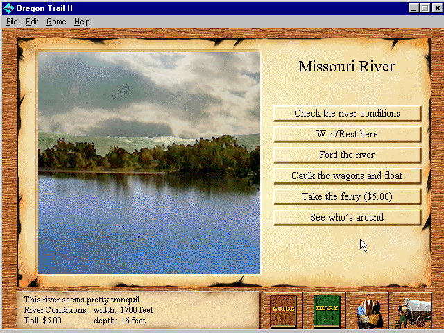 The Missouri River, photographed under a cloudy sky. The choices are to check the river conditions, wait or rest, ford the river, caulk the wagons and float, take the ferry for $5.00, or see who is around. The river is 1700 feet wide and 16 feet deep.