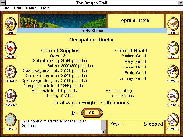 The Party Status window. It lists the supplies with their weight, from 2000 bullets at 200 pounds to 1895 pounds of non-perishable food, shows every traveler in good health, and adds it all up to a total wagon weight of 3135 pounds.