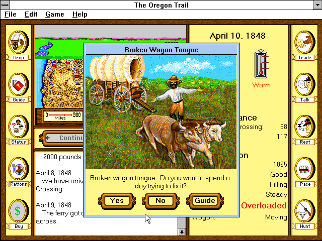 Broken Wagon Tongue: a painting of a man waving beside a wagon and its oxen. The game asks whether you want to spend a day trying to fix it, with Yes, No and Guide buttons.