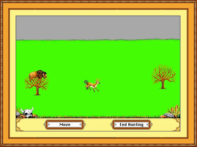 Hunting on a green prairie: a bison and a deer between bare trees, with the rifle's crosshair and buttons to move or end the hunt.