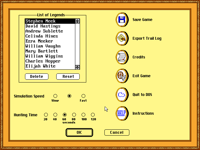 The Options screen: the List of Legends with Stephen Meek at the top, settings for simulation speed and hunting time, and buttons to save the game, export the trail log or quit.