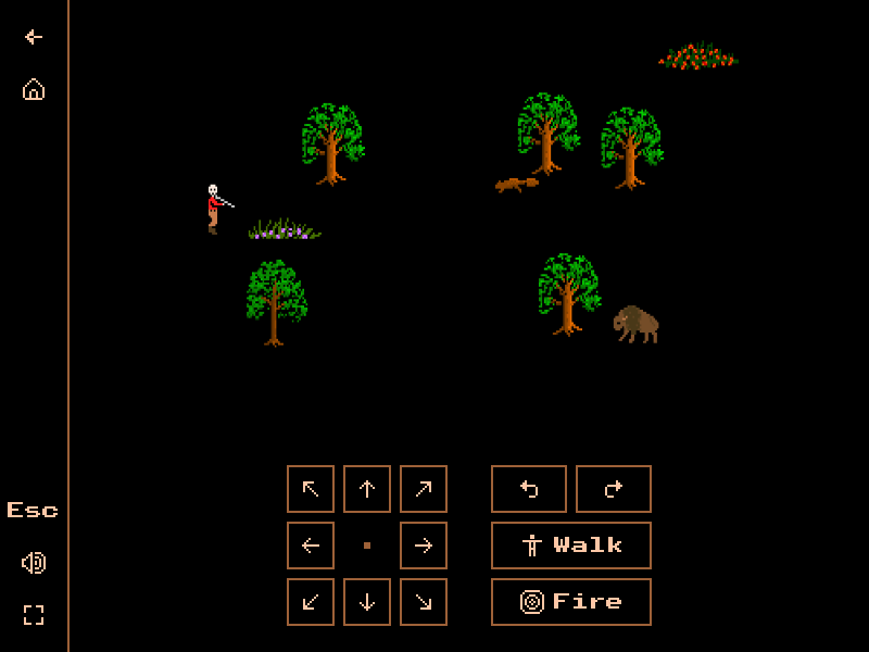 A hunting trip among trees, with a bison and a smaller animal. Under the picture, an arrow pad to point the rifle in eight directions, two turn buttons, Walk and Fire.