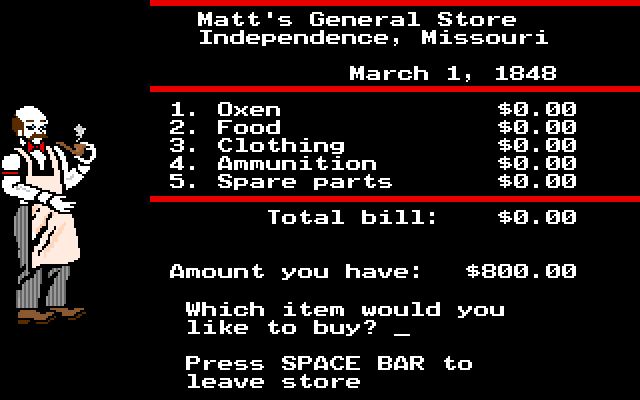 Matt's General Store in Independence, Missouri, on March 1, 1848. Matt stands beside a list of oxen, food, clothing, ammunition and spare parts, and the player has $800.00 to spend.