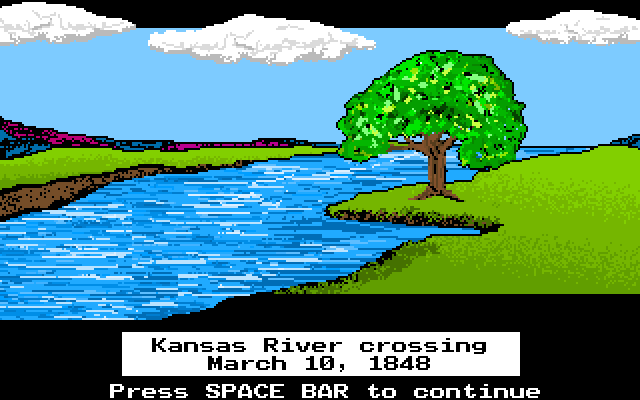 A landmark screen showing a river winding past a large tree, labeled Kansas River crossing, March 10, 1848.