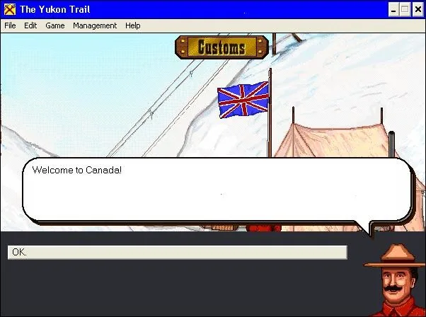 Customs: a Union Jack flies over a tent in the snow, and a Mountie in a red coat and a broad-brimmed hat says: Welcome to Canada!