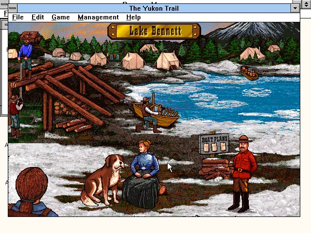 Lake Bennett: two men saw a log on a high frame, a man builds a boat, and tents line the shore. A woman sits beside a big dog, and a Mountie stands by a Boat Plans sign.